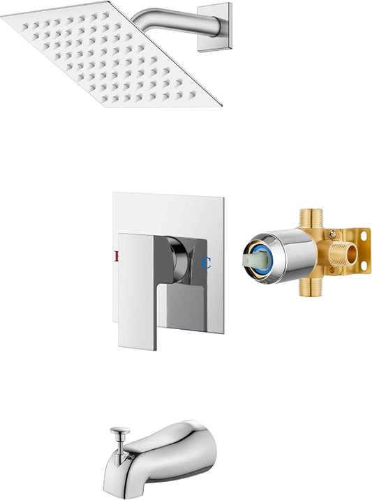 Airuida 6 Inch Shower Faucet Set,Bathtub Faucet Kit,Chrome Polish | Shower Tub Faucet Set,Male Threads Rough-In Valve,Square Head Shower System
