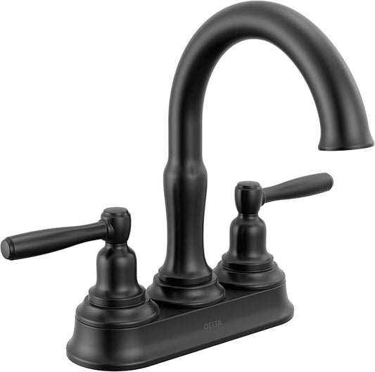 Delta Roe Centerset Matte Black Bathroom Faucet, 4 Inch 3 Hole Bathroom Sink Faucet for Vanity, Push-Pop Drain Assembly, Matte Black 25985LF-BL