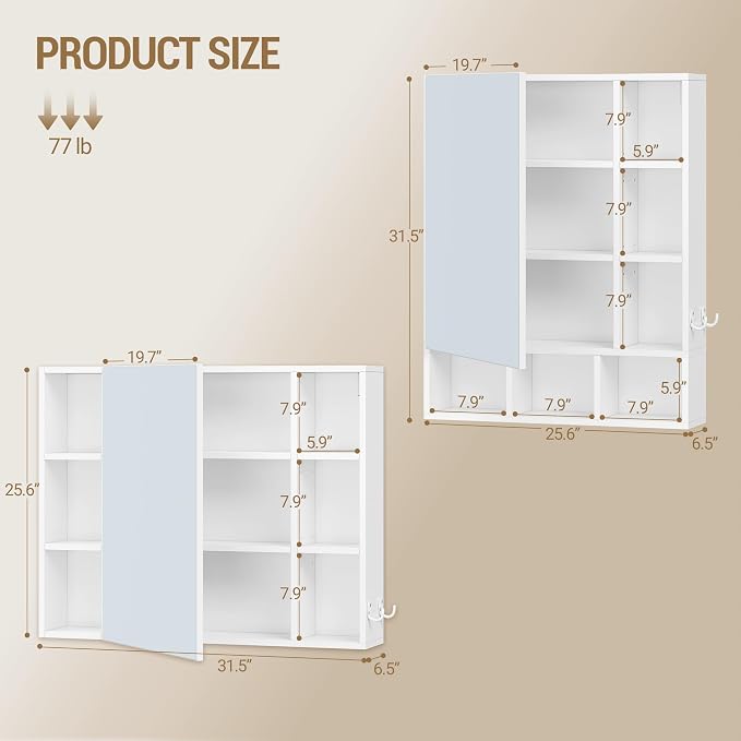 Hzuaneri Bathroom Cabinet with Mirror, Wall Cabinet with Storage Space | Wall Mounted with Reversible Install Storage Space,6 Open Compartments,3 Hidden Storage Shelves,Hooks,6.5"Dx25.6"Wx 31.5"H