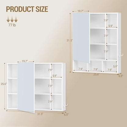 Hzuaneri Bathroom Cabinet with Mirror, Wall Cabinet with Storage Space | Wall Mounted with Reversible Install Storage Space,6 Open Compartments,3 Hidden Storage Shelves,Hooks,6.5"Dx25.6"Wx 31.5"H