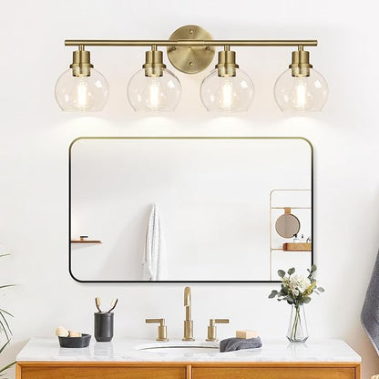 4-Light Bathroom Light Fixtures, Brushed Brass Bathroom Lights Over Mirror with Clear Glass Globe Shade, Vanity Lights for Bathroom Kitchen Living Room Hallway Cabinet Bedroom Porch