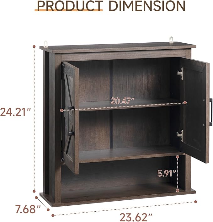 HollyHOME Bathroom Wall Cabinet, Farmhouse Barn Door Wood Medicine Cabinet with Adjustable Shelves, Wall-Mounted Over-The-Toilet Storage, Dark Brown