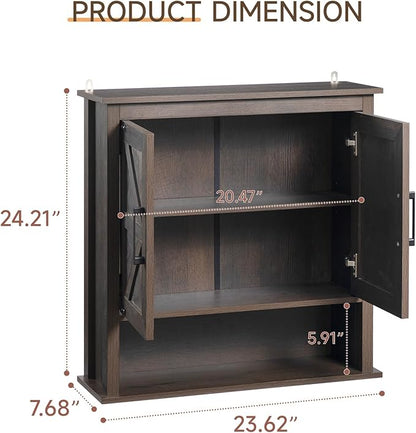 HollyHOME Bathroom Wall Cabinet, Farmhouse Barn Door Wood Medicine Cabinet with Adjustable Shelves, Wall-Mounted Over-The-Toilet Storage, Dark Brown