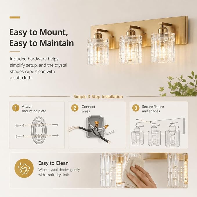 3 Lights Brushed Gold Crystal Bathroom Vanity Light,Modern Bathroom Wall Light,Crystal Over Mirror Light Fixtures for Living Room, Bedroom, Hallway