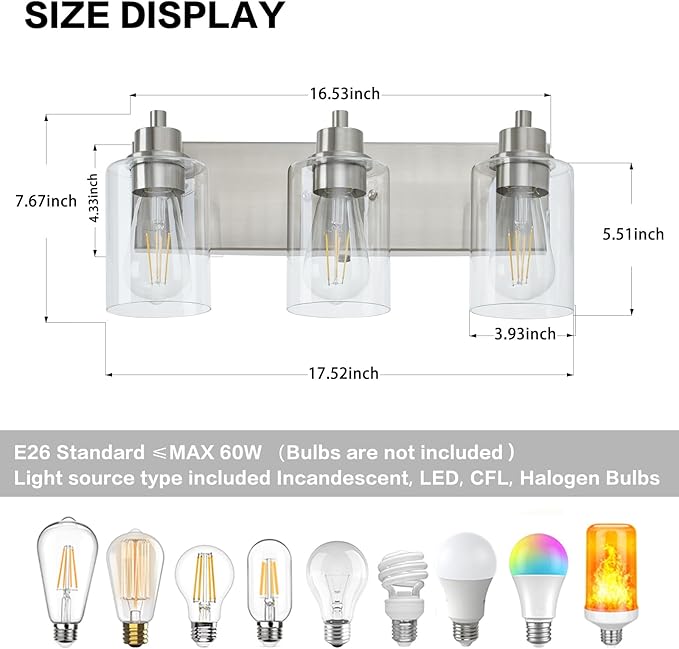 Brushed Nickel Bathroom Vanity Light, Bathroom Light Fixtures Over Mirror, Modern Vanity Lamp with Clear Glass Shade, Wall Sconce for Mirror