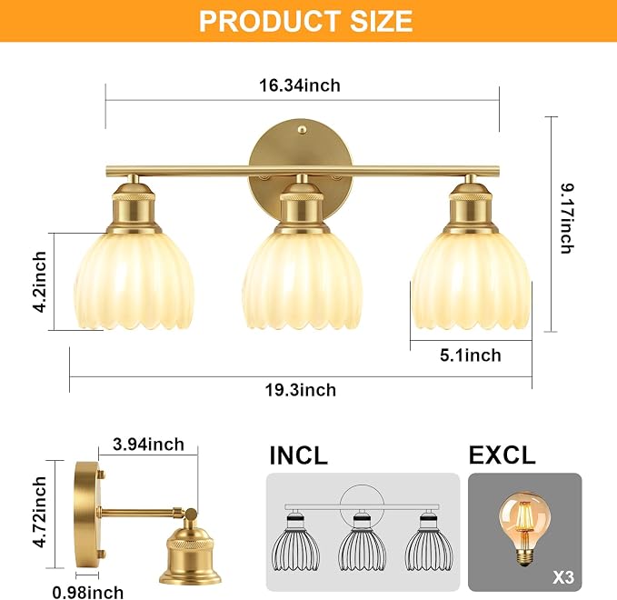 Bathroom Light Fixtures, 3-Light Brushed Gold Vanity Lights for Bathroom with White Tulip Glass Shade, 20" Vintage Bathroom Vanity Lighting Fixtures Over Mirror for Bedroom Living Room Hallway