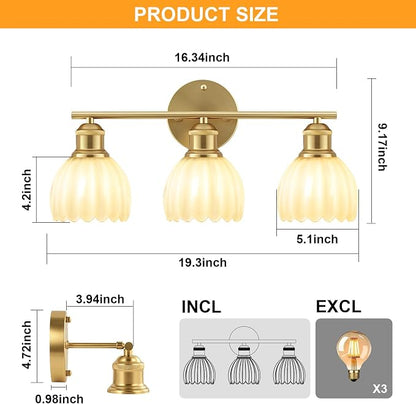 Bathroom Light Fixtures, 3-Light Brushed Gold Vanity Lights for Bathroom with White Tulip Glass Shade, 20" Vintage Bathroom Vanity Lighting Fixtures Over Mirror for Bedroom Living Room Hallway
