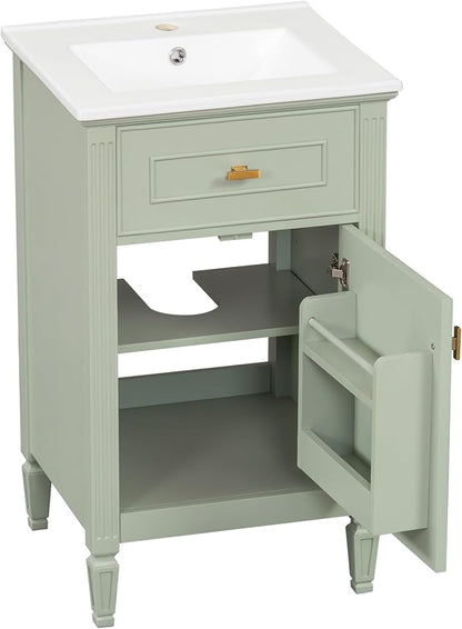 GDFStudio Hawthorne 20" Modern Bathroom Vanity with Sink, Freestanding Bathroom Vanity Organizer with Tilt Out Drawer, Adjustable Shelf and Solid Wood Legs, Single Sink Bathroom Vanity, Green
