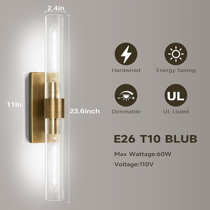 Brass and Glass Wall Sconces, 22.8" Vanity Lights for Bathroom 2 Lights, Horizontal or Vertical Linear Gold Wall Lamp, Indoor Sconces Wall Lighting, Tube Sconce for Living Room, Hallway