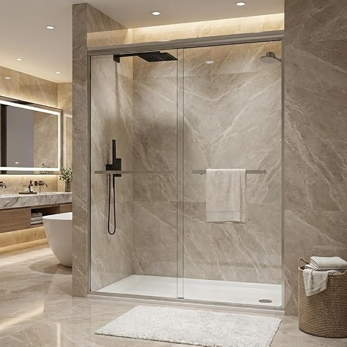 Glass Shower Door 56–60 Inch W × 72 Inch H, Frameless Double Sliding Shower Door with 8mm Tempered Glass, Brushed Silver Shower Glass Door for Walk-in Bathroom