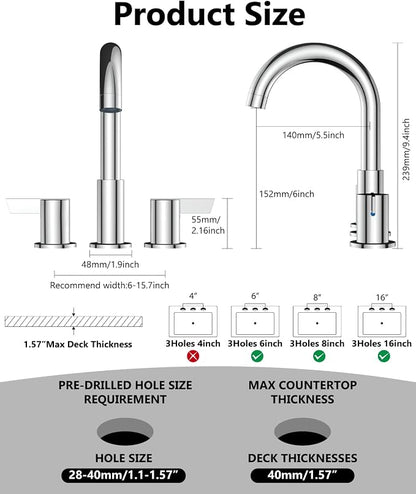 Polish Chrome Bathroom Faucet 3 Hole, 8 Inch Widespread 2-Handle | SUS304 Stainless Steel, 2-Handle Control, Pop-Up Drain, Supply Lines and Mounting Hardware for 8-Inch Widespread Vanity Sinks