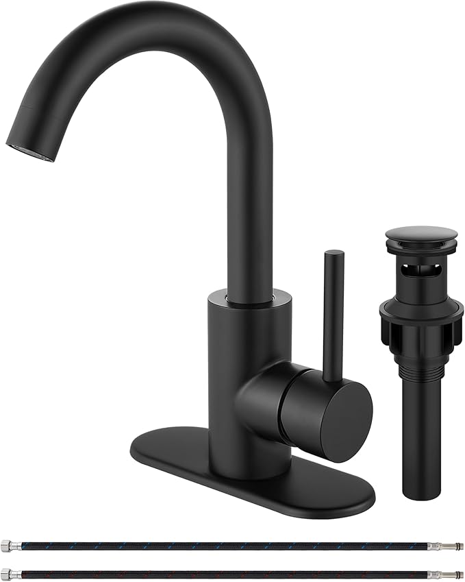 Midanya Single Hole Bathroom Faucet 1 Hole Bar Sink Faucet Suitable for Kitchen RV Vanity,304 Stainless Steel 360° Swivel Spout with Deck Plate and Pop-up Drain,Matte Black