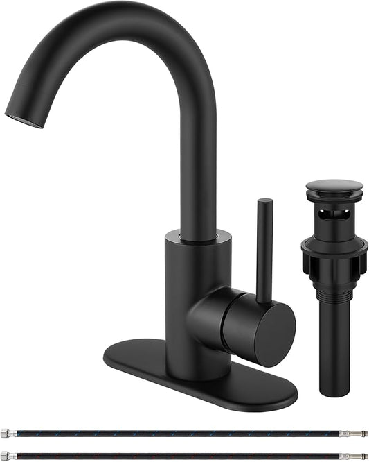 Midanya Single Hole Bathroom Faucet 1 Hole Bar Sink Faucet Suitable for Kitchen RV Vanity,304 Stainless Steel 360° Swivel Spout with Deck Plate and Pop-up Drain,Matte Black