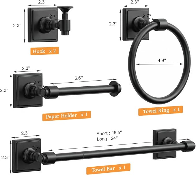 VEHCIL Matte Black Bathroom Towel Bar Set, 5 Piece Bathroom Hardware Accessory Set, SUS304 Stainless Steel 24" Towel Rack Holder Set for Bathroom, Wall Mounted