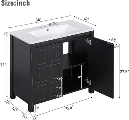 Favfurish 36" Bathroom Vanity w/Sinks,Free Standing Singe Basin Vanity Set w/Adjustable Shelf & Soft Close Doors,Solid Wood Frame Storage Cabinet for Bathroom,Retro Espresso