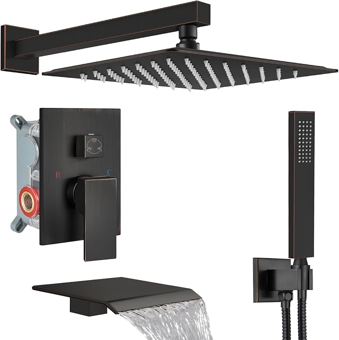 Midanya Shower System with Tub Spout,12 Inch Shower Head,Oil Rubbed Bronze | with Valve & Trim Kit,Square Rain Head,Handheld Sprayer,Waterfall Spout,All Metal Wall Mount Bathroom Shower Tub Faucet Set