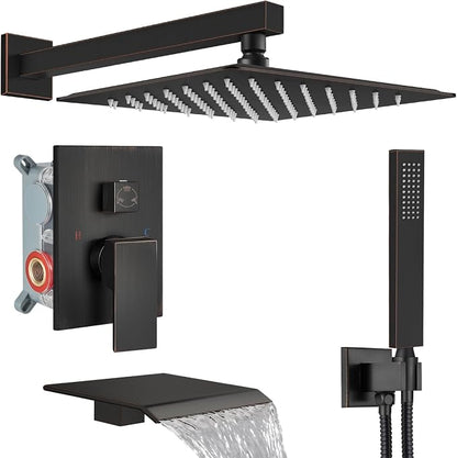 Midanya Shower System with Tub Spout,12 Inch Shower Head,Oil Rubbed Bronze | with Valve & Trim Kit,Square Rain Head,Handheld Sprayer,Waterfall Spout,All Metal Wall Mount Bathroom Shower Tub Faucet Set