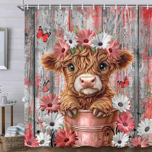 Funny Highland Cow Shower Curtain for Bathroom, Western Rustic Wood Farmhouse Bull Pink Floral Butterfly Country Flower Plant Art Printed Fabric Polyester Waterproof 12 Pack Plastic Hooks 60x72in