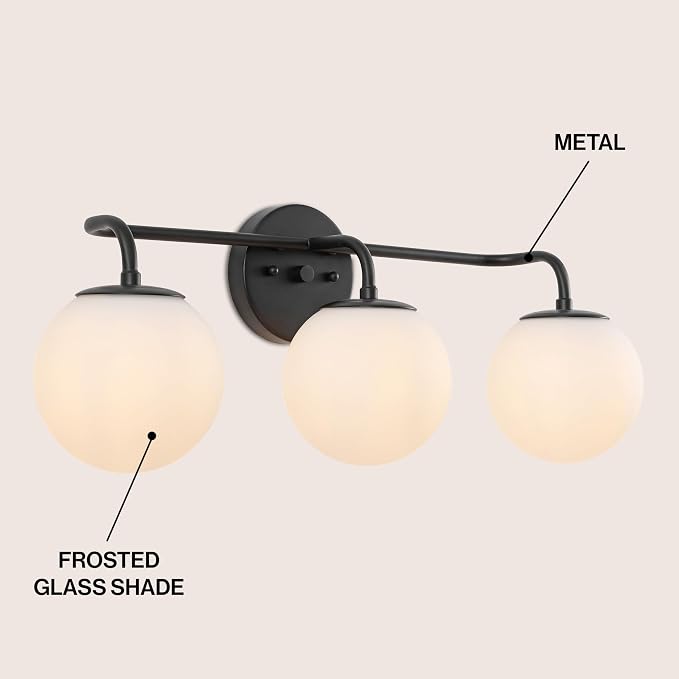 JONATHAN Y Louis Parisian Globe 25" Vanity 3-Light, Black | White Frosted Glass Shade, Midcentury Parisian Bistro Style, Metal Wall Lamp, Dimmable, Hardwired, LED Bulbs Included