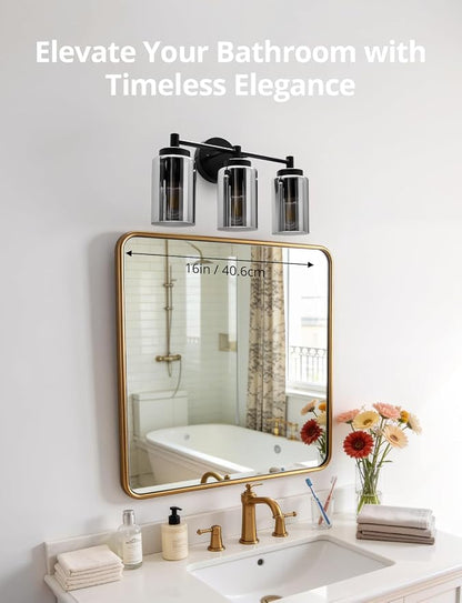 3 Light Bathroom Vanity Light Contemporary, Matte Black Sconce | 17.12", Electroplated Glass, Soft Glow, Bath Bar Fixture over Sink, Tool-Free E26 Bulb Swap, Up Down Wall Mount, No Bulbs