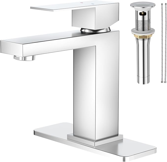 Faustina Polished Chrome Bathroom Faucet, Single Handle Stainless Steel Bathroom Vanity Faucet with Metal Pop-Up Drain and Deck Plate for 1 or 3 Hole
