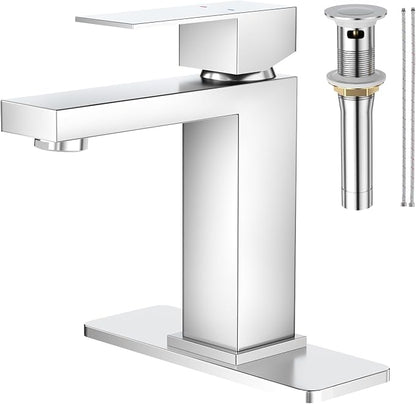 Faustina Polished Chrome Bathroom Faucet, Single Handle Stainless Steel Bathroom Vanity Faucet with Metal Pop-Up Drain and Deck Plate for 1 or 3 Hole