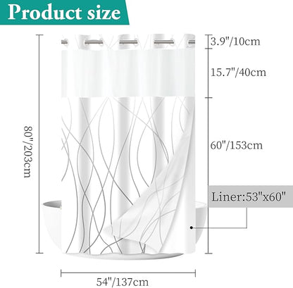No Hook Ombre Grey White Striped Stall Shower Curtain with Snap in Liner Set - Hotel Shower Curtain and Liner Set with See Through Mesh Top Window,Machine Washable, 54x80 INCH