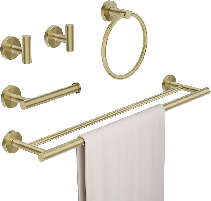 Brushed Gold Bathroom Hardware Accessories Set 5 pcs Towel Holder Bar Set | 24 inches Stainless Steel Towel Bar, Towel Racks for Bathroom Robe Towel Hooks Toilet Paper Holder Wall Mounted by BATHLAVISH