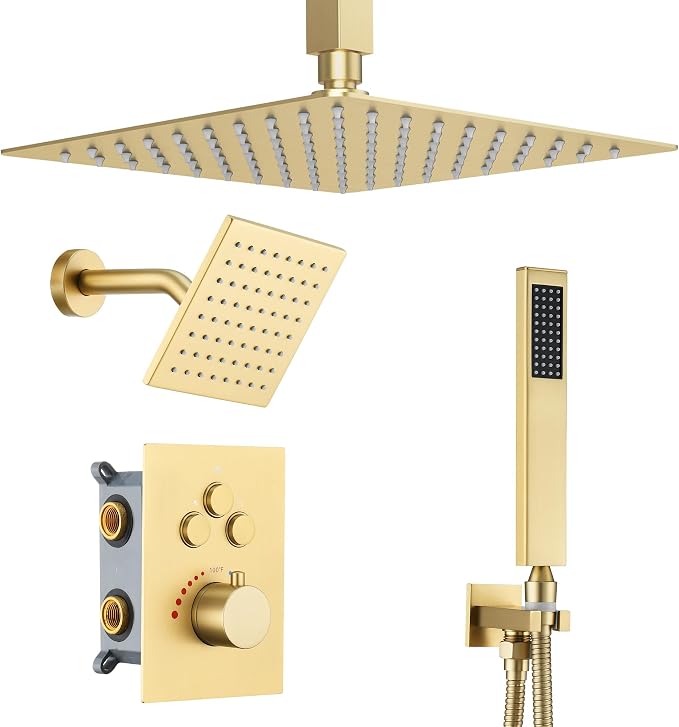 Thermostatic Dual Shower Head System, Brushed Gold Shower Faucet | 12 Inch Ceiling Rainfall Shower, 6 Inch Wall Mount Head, High Pressure Handheld Sprayer, Push Button Valve