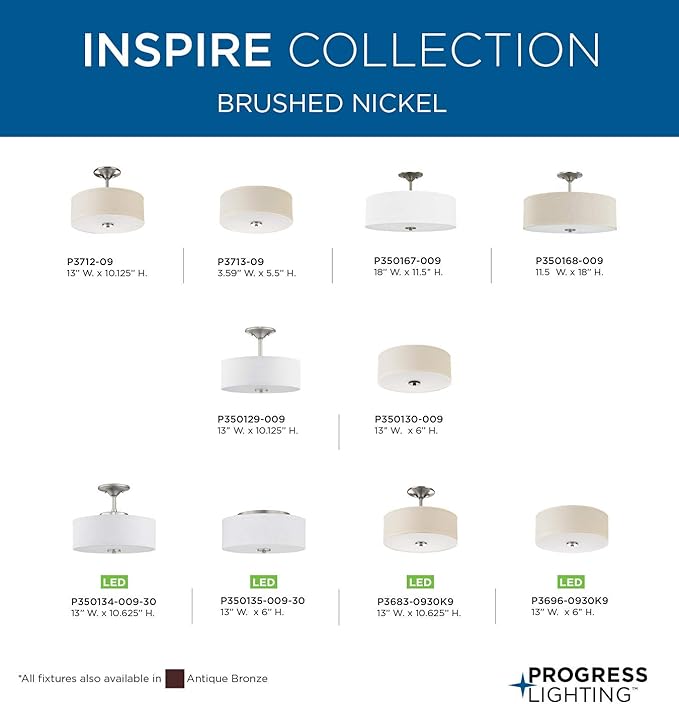 Progress Lighting P3696-0930K9 Close-to-Ceiling, Nickel, 6.00x13.00x13.00