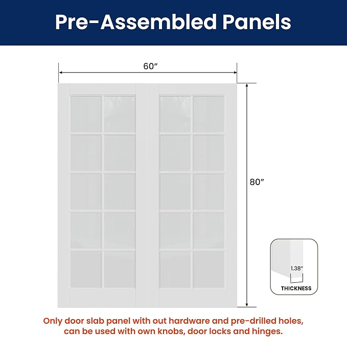 SMARTSTANDARD 60" x 80" Clear Glass French Interior Solid Core Door Slab | 10-Lite Glass Pantry Door for Bathroom Laundry Pocket, Pre-Assembled Panel without Hardware, White Primed