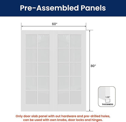 SMARTSTANDARD 60" x 80" Clear Glass French Interior Solid Core Door Slab | 10-Lite Glass Pantry Door for Bathroom Laundry Pocket, Pre-Assembled Panel without Hardware, White Primed
