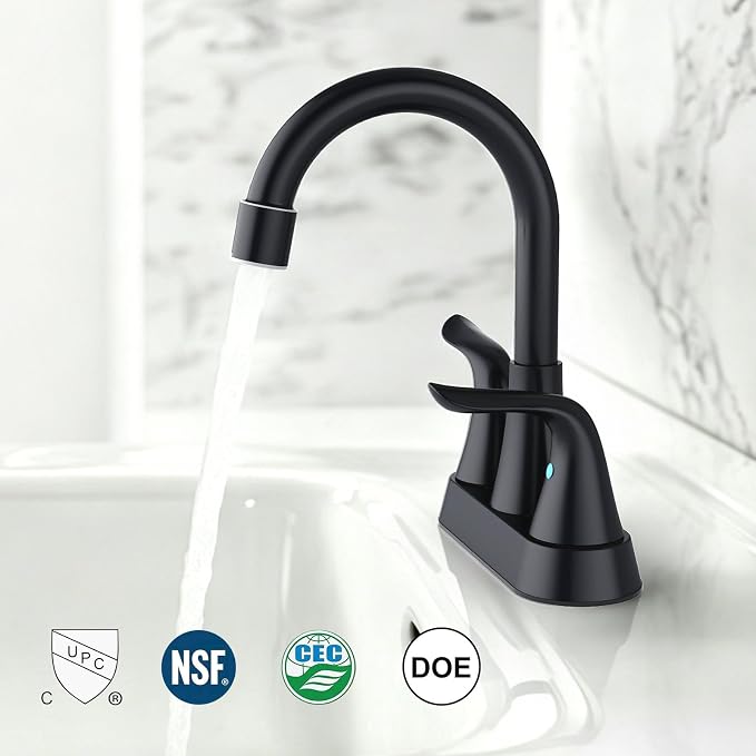 Bathroom Sink Faucet 4 inch, NSF Certified, 3 Hole, Matte Black | 2 or 3 Hole, Vanity Faucet with Pop-up Drain and 2 Supply Hoses, 2 Handle Touch on Bathroom Sink Faucets
