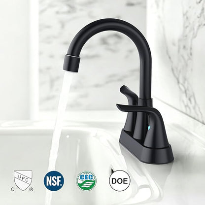 Bathroom Sink Faucet 4 inch, NSF Certified, 3 Hole, Matte Black | 2 or 3 Hole, Vanity Faucet with Pop-up Drain and 2 Supply Hoses, 2 Handle Touch on Bathroom Sink Faucets