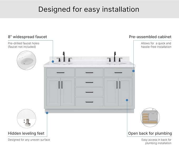 ARIEL Hepburn 66-inch Bathroom Vanity with Sink,Solid Wood, 1.5-inch Carrara White Quartz Countertop & Backsplash, Double Oval Porcelain Sink, 4 Soft Closing Doors, 6 Dovetail Drawers, Grey