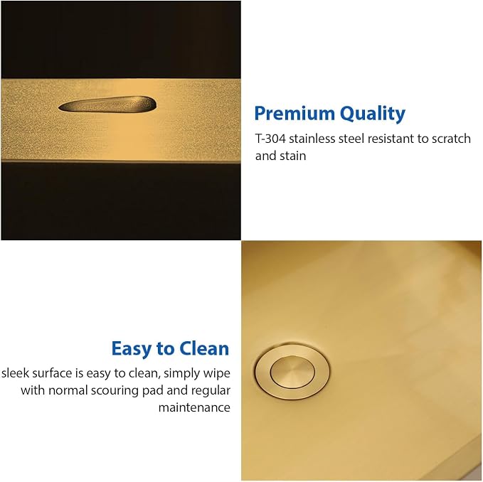 Lordear Stainless Steel Vessel Sink 16"x12" Gold Bathroom Vanity Sink | Gold Bathroom Vanity Sink Rectangular Above Couter Art Basin 4'' deep