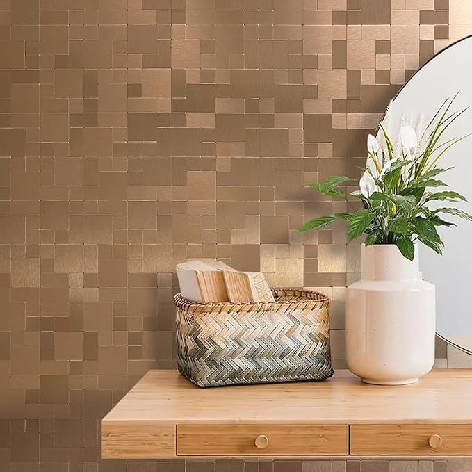 DICOFUN 1 Sheet Copper Peel and Stick Tile Backsplash, Stainless Steel Kitchen Metal Backsplash Tile, Stick on Backsplash for Stove, Brushed Gold