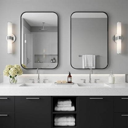 22"x30" Matte Black Rectangle Vanity Bathroom Mirror, Set of 2 | Aluminum Alloy Frame, Clear Reflection, Rust-Resistant, Vertical or Horizontal, Wall Mount, Bedroom and Entryway