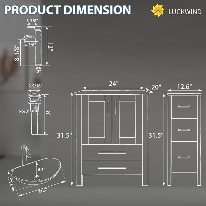 LUCKWIND 60" Double 24" Bathroom Vanity with Sink Combo, Elegant Series with One 12.6-in Side Cabinet, Painted Frame, Including Brown Boat Sinks, Faucets Without Mirrors, White