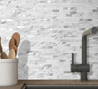 DICOFUN 10 Sheets Marble Look Peel and Stick Backsplash Wall Tile, PVC Kitchen Backsplash Peel and Stick in White, 9.4 sq.ft
