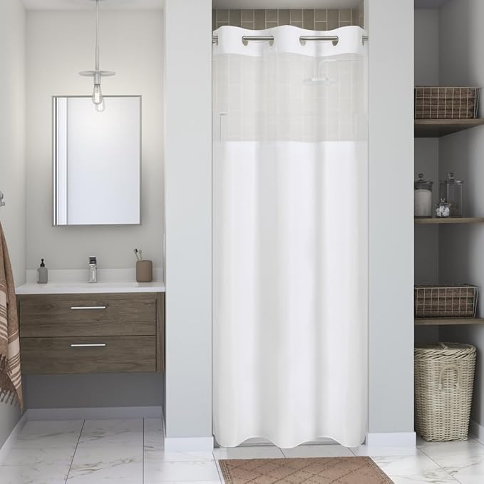 eachope No Hook Linen Texture Shower Curtain with Snap-in Liner,48x74 White | 230GSM Thick Fabric,Hotel Luxury Decor,Mesh Top Window,Waterproof & Machine Washable,for Shower Stall or Bathroom