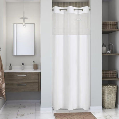 eachope No Hook Linen Texture Shower Curtain with Snap-in Liner,48x74 White | 230GSM Thick Fabric,Hotel Luxury Decor,Mesh Top Window,Waterproof & Machine Washable,for Shower Stall or Bathroom