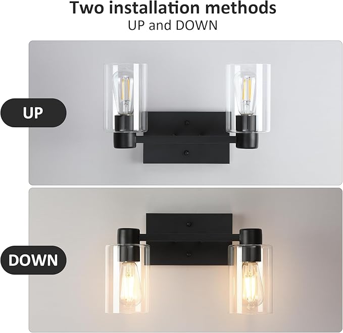 2 Pack Matte Black Bathroom Light Fixtures,2-Light Bathroom Vanity Light with Clear Glass Shade,Modern Farmhouse Wall Sconces Lighting for Bedroom Cabinet Over Mirror Kitchen Living Room