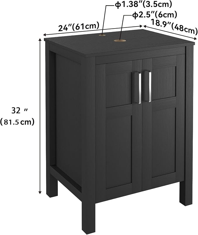 YOURLITE Bathroom Vanity with Sink, 24" Black Bathroom Vanity Sink Combo with Black White Ceramic Basin Faucet & Pop Up Drain Set