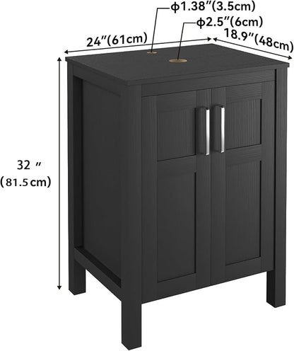 YOURLITE Bathroom Vanity with Sink, 24" Black Bathroom Vanity Sink Combo with Black White Ceramic Basin Faucet & Pop Up Drain Set