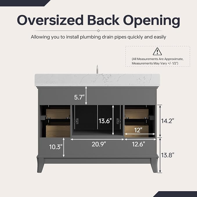 48 Inch Fully Assembled Bathroom Vanity with Sink, Grey | Solid Wood, Quartz Top & Backsplash, Soft-Close Doors, Dovetail Drawers, Large Storage, Modern Farmhouse Bath Upgrade