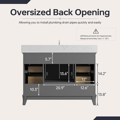 48 Inch Fully Assembled Bathroom Vanity with Sink, Grey | Solid Wood, Quartz Top & Backsplash, Soft-Close Doors, Dovetail Drawers, Large Storage, Modern Farmhouse Bath Upgrade