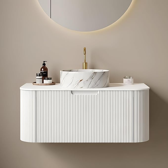 Yayzy 36" Floating Bathroom Vanity with Sink, Solid Wood Fluted Cabinet, White Marble-Patterned Ceramic Basin & Faux Marble Top, Soft-Close Drawer, Pre-Assembled, White