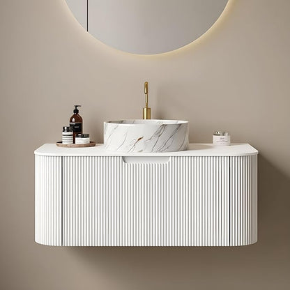 Yayzy 36" Floating Bathroom Vanity with Sink, Solid Wood Fluted Cabinet, White Marble-Patterned Ceramic Basin & Faux Marble Top, Soft-Close Drawer, Pre-Assembled, White