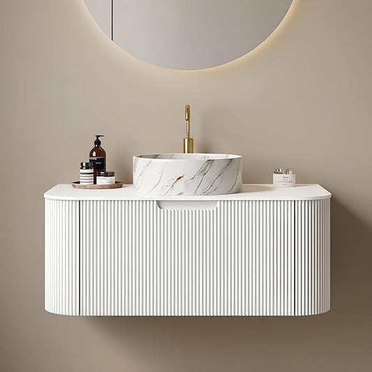 Yayzy 36" Floating Bathroom Vanity with Sink, Solid Wood Fluted Cabinet, White Marble-Patterned Ceramic Basin & Faux Marble Top, Soft-Close Drawer, Pre-Assembled, White